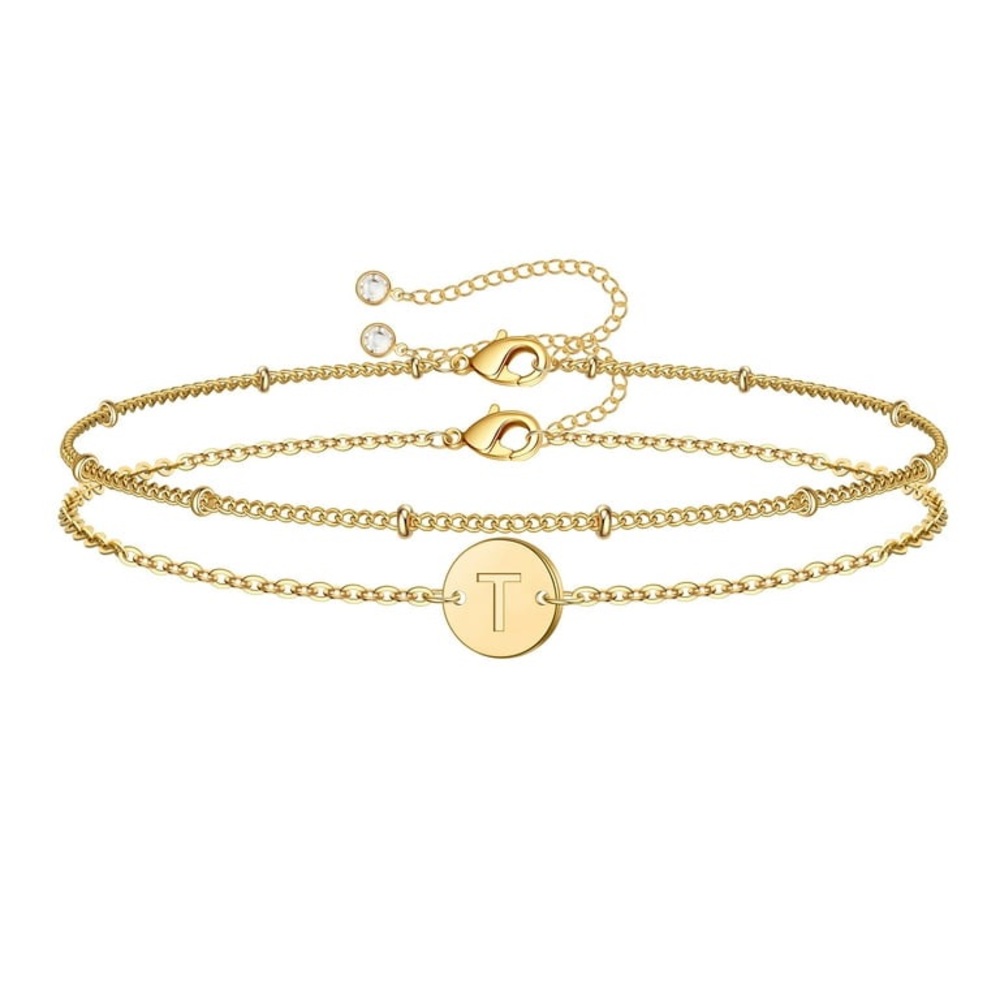 T Initial Bracelet Dainty 14K Gold for Women  Gift 2 pc Box Gift Set Layer New